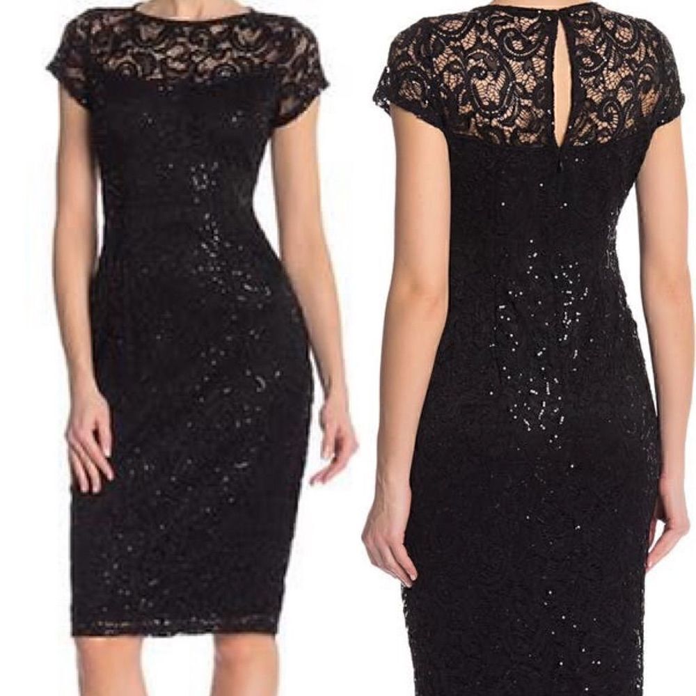 Marina Sequin Lace Cap Sleeve Sheath Dress